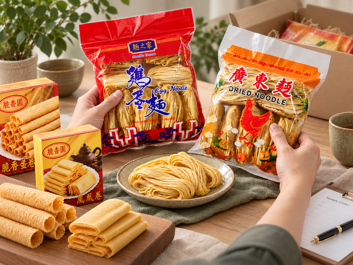 Illustrative wholesale selection scene with noodle and traditional snack samples