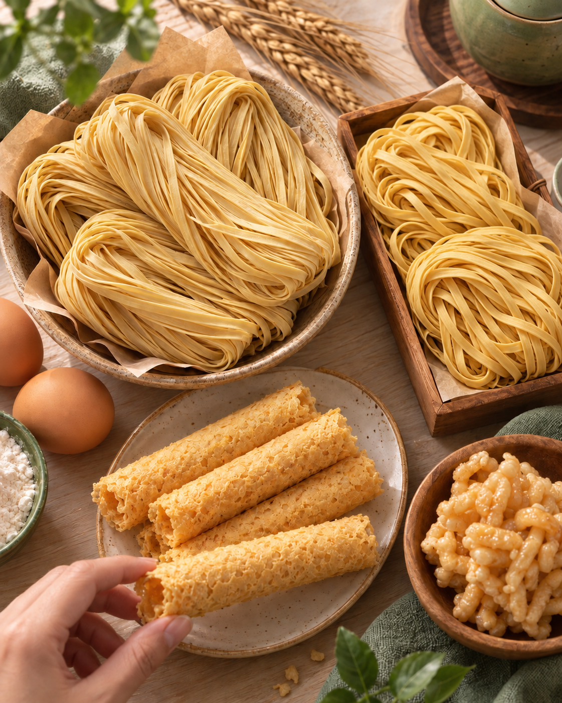 Illustration of golden wheat noodle nests egg rolls and traditional snacks
