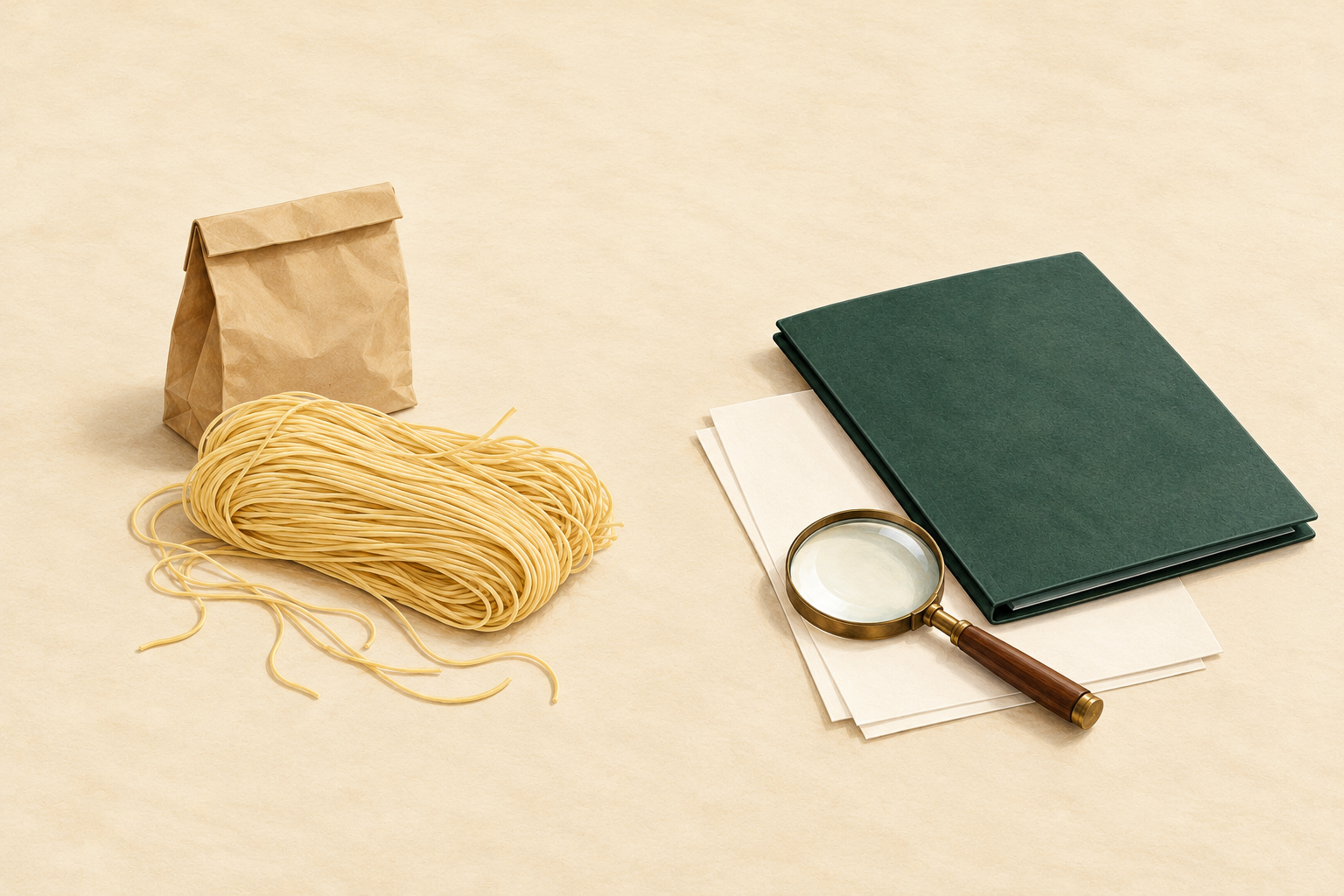 AI-generated conceptual illustration of fine dry wheat noodles and an unbranded sample bag beside a separate blank document folder and magnifying glass