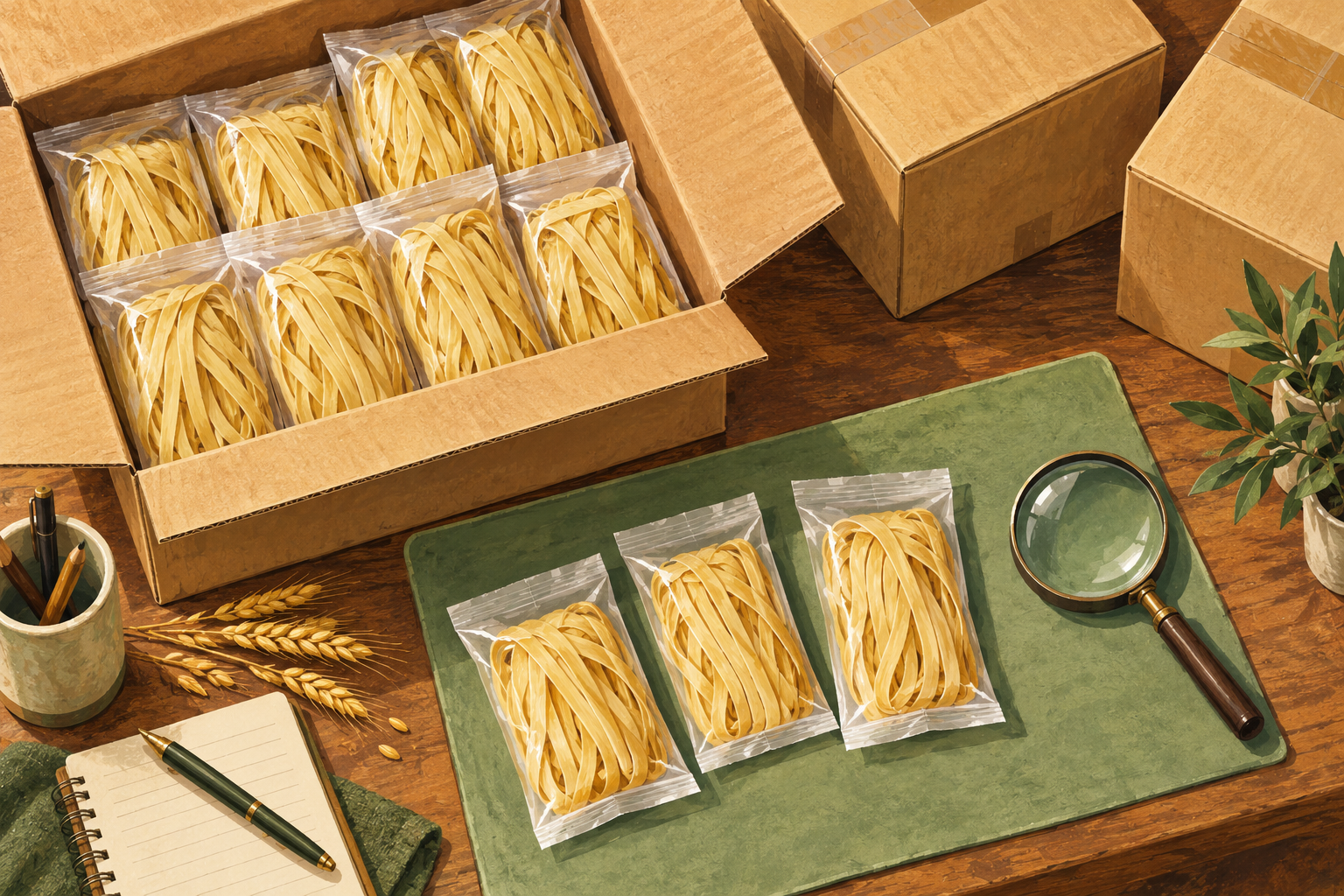 Illustrated noodle sample pouches set aside from a larger carton lot for inspection.