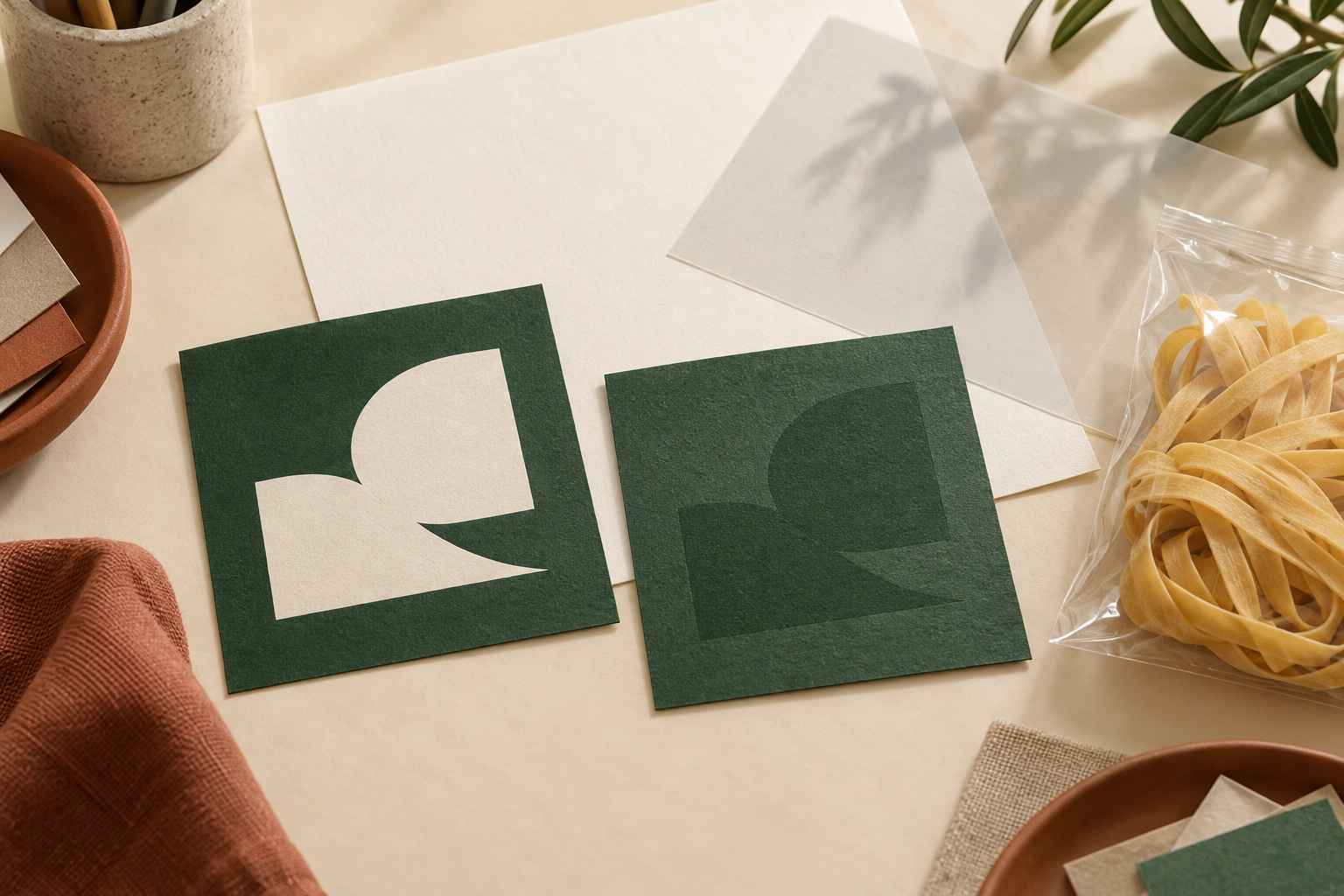 Editorial illustration comparing a visible pale shape with a low-contrast shape on green artwork cards beside wheat noodles.