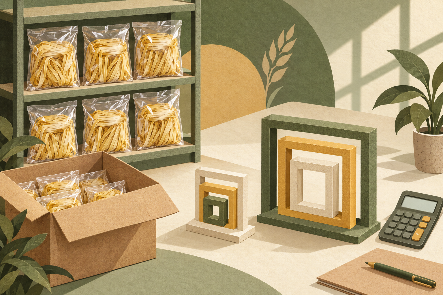 Conceptual noodle distribution shelf with differently sized calculation-base frames and a blank calculator.