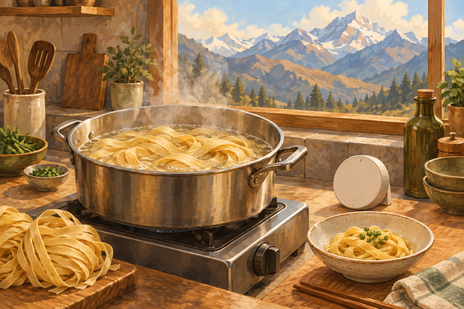 Illustrated wheat noodles cooking in an open pot beside a window overlooking mountains.