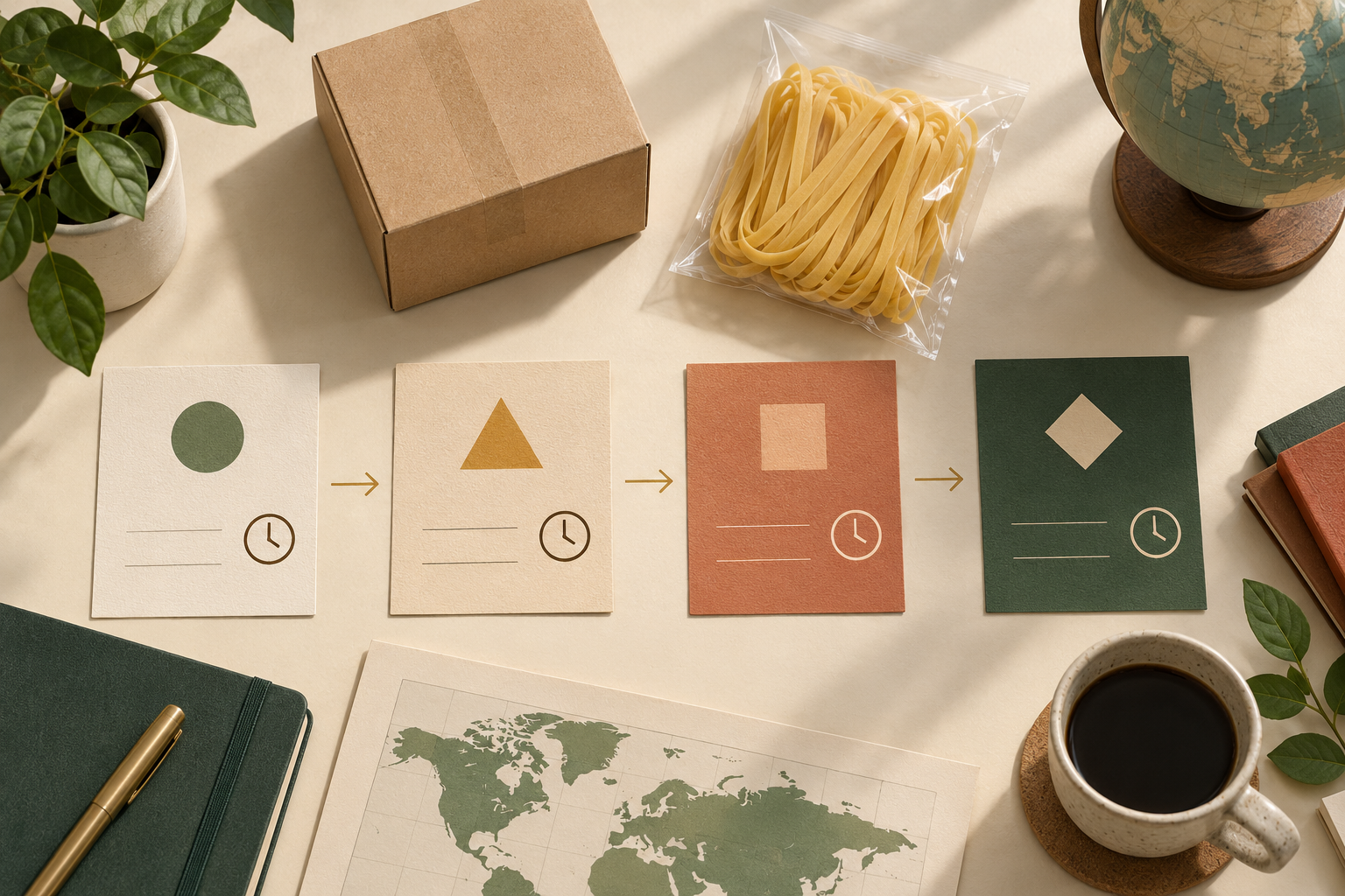 Editorial illustration of four separate shipment-planning cards beside a carton and wheat noodles.