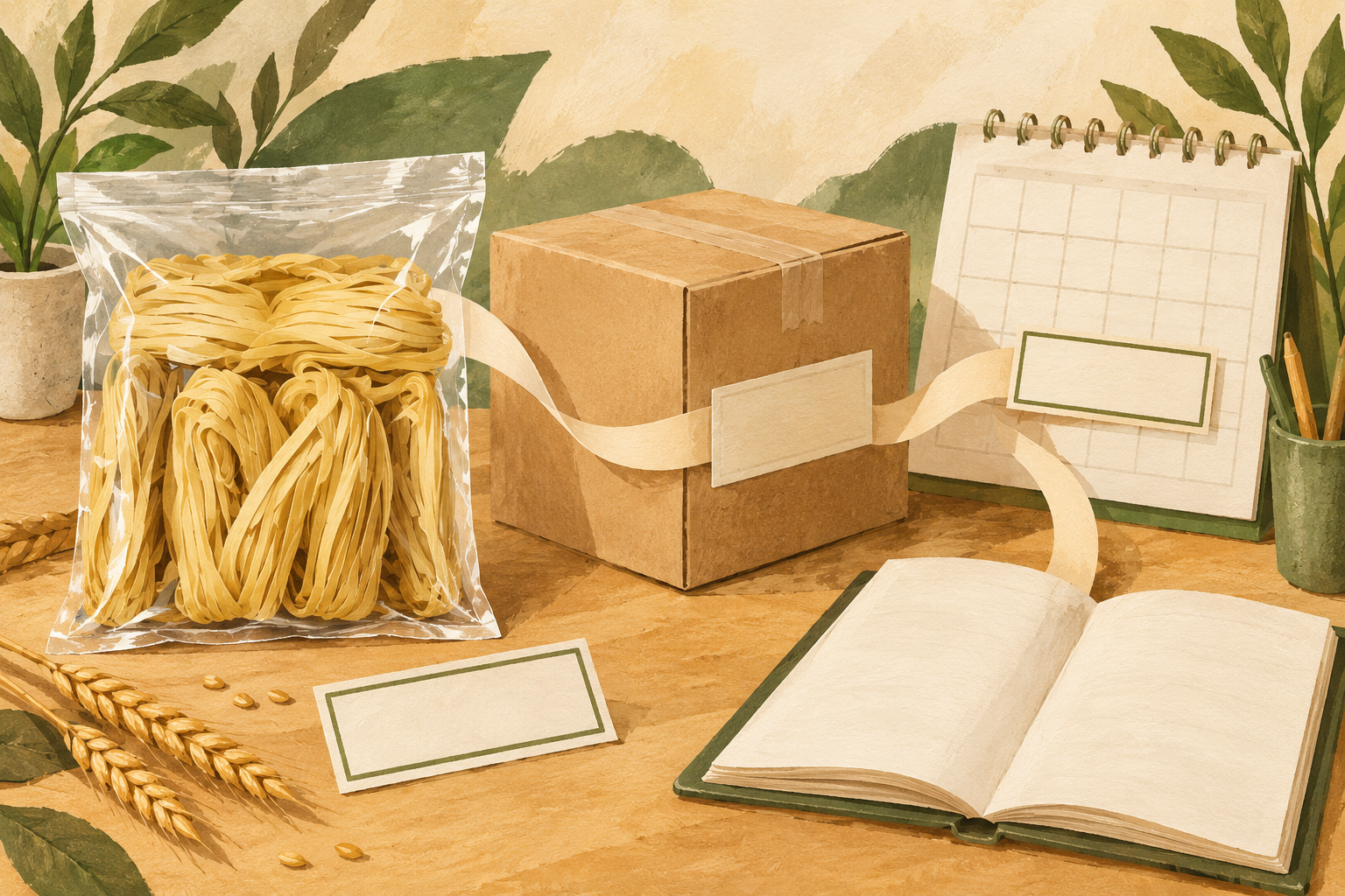 Illustrated wheat noodle pouch, carton and notebook connected by blank labels beside a calendar.