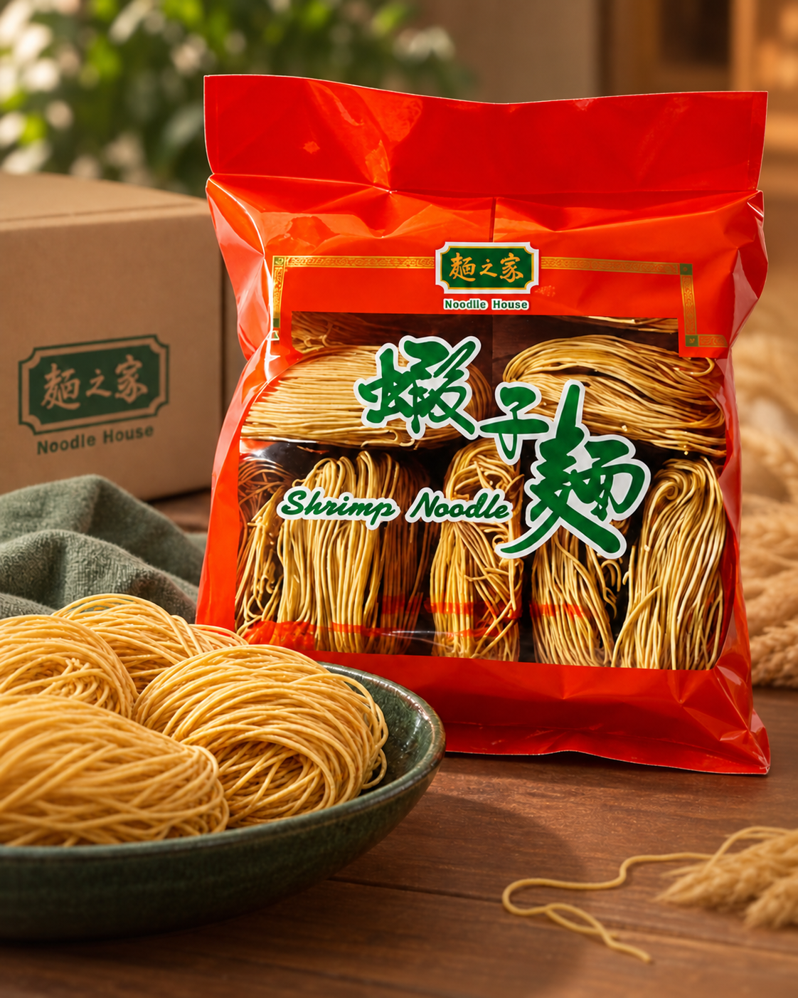 Shrimp Noodle packaging with golden wheat noodle samples