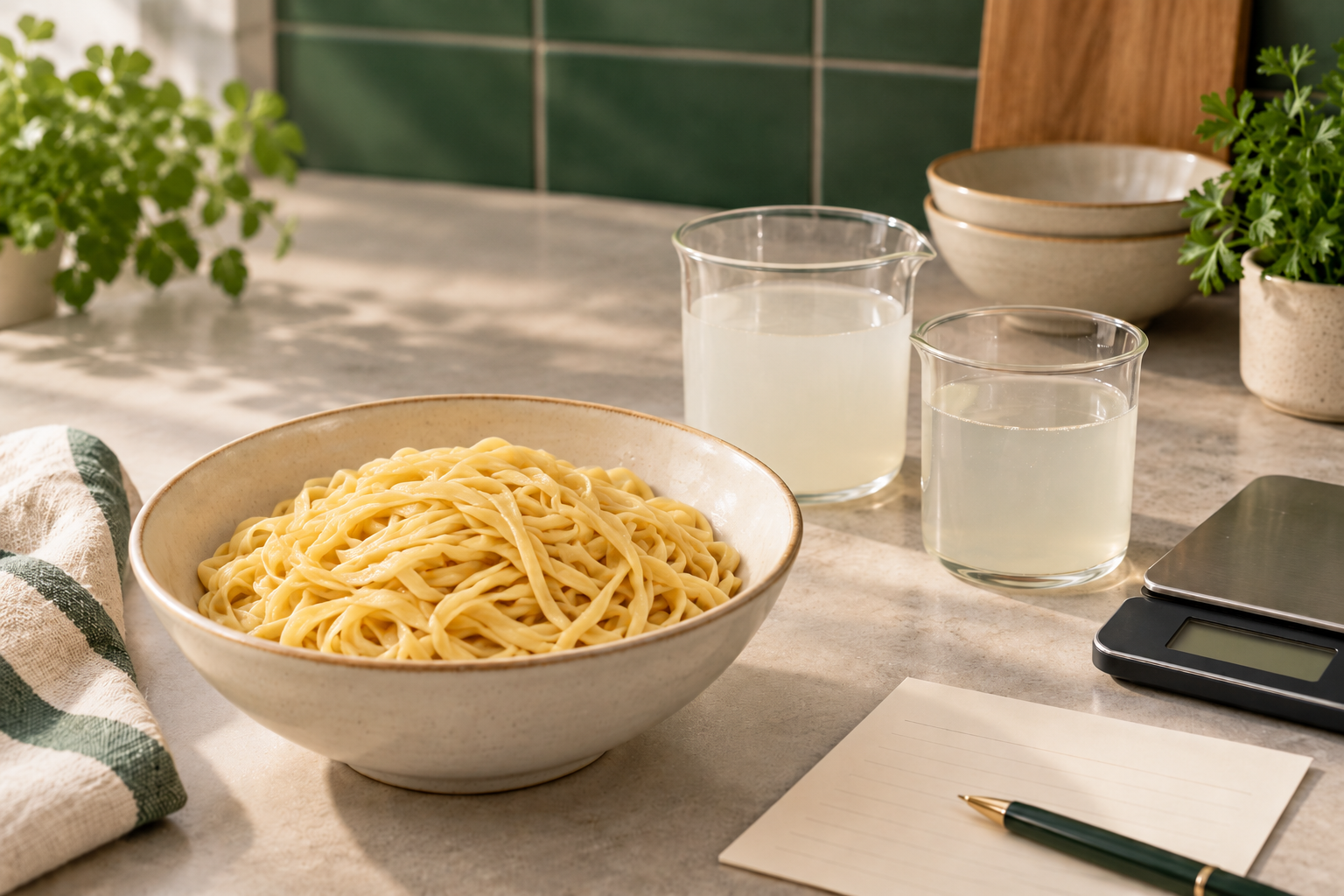 AI illustration of wheat noodles, cloudy cooking water and a scale for discussing sample evaluation