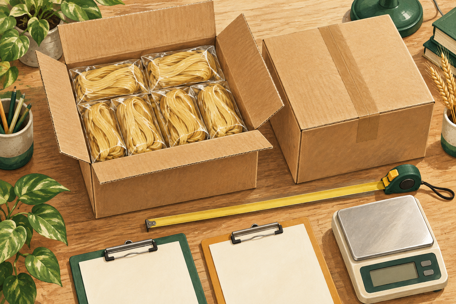 Illustration of wheat-noodle cartons beside a tape measure, weighing scale and specification sheets.