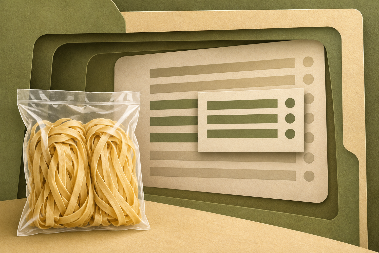 Conceptual layered document frames with a highlighted scope sheet beside a plain wheat noodle pouch.