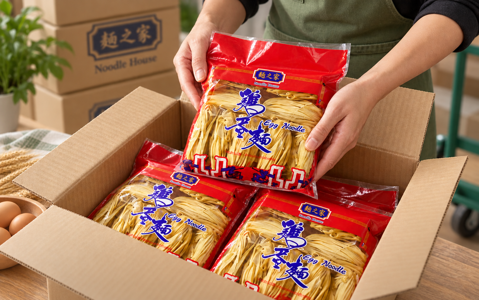 Illustrative wholesale preparation scene with Noodle House egg noodle packs and cartons
