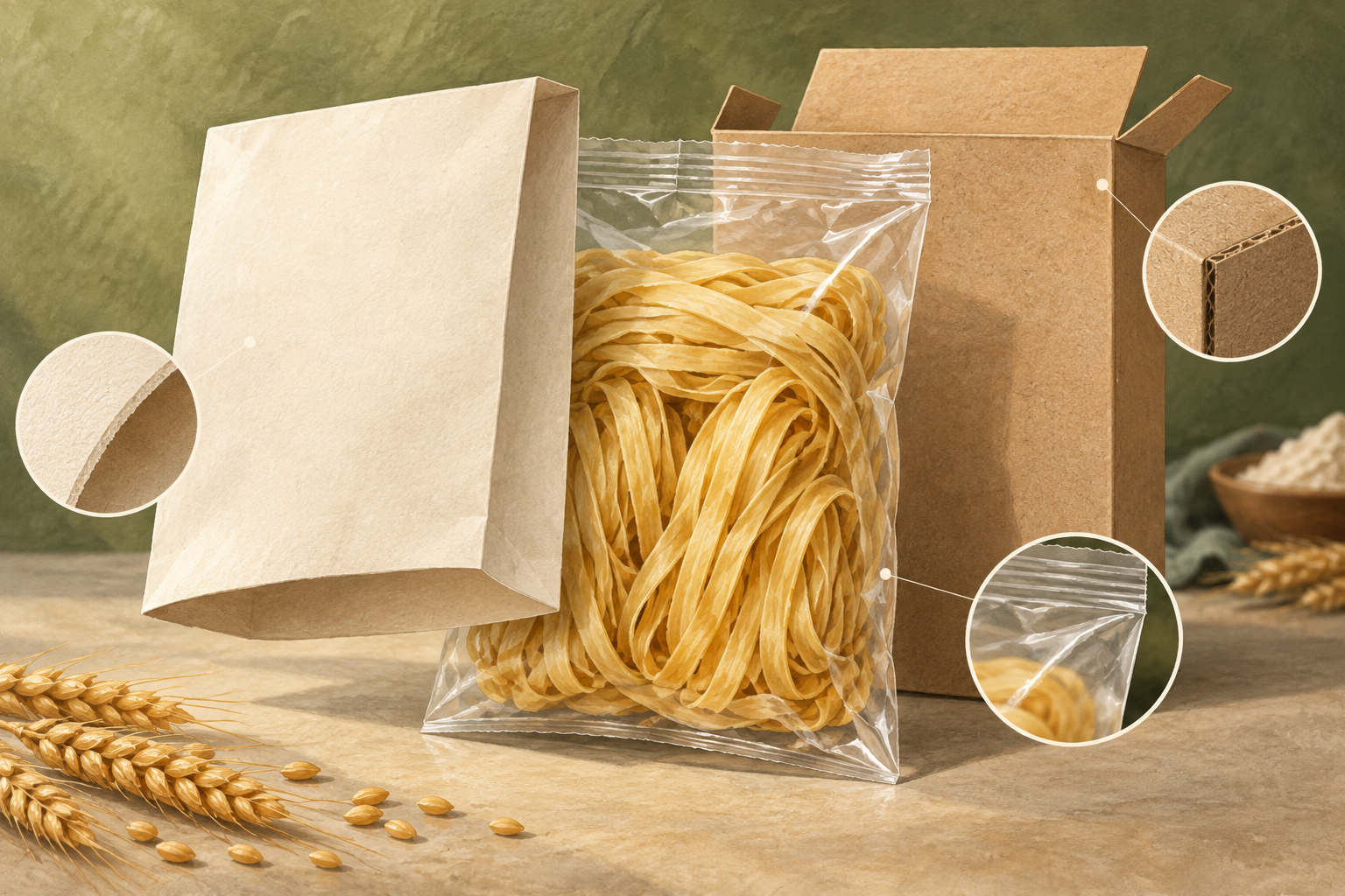 Conceptual separated paper sleeve, noodle pouch and carton with close-up material details.