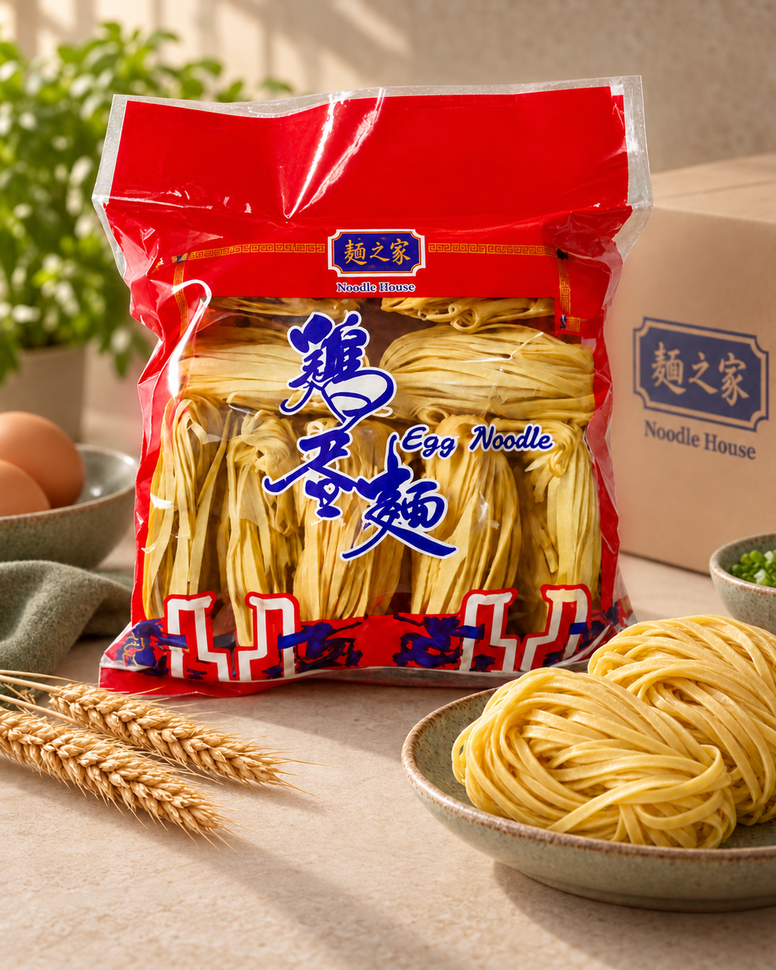 Egg Noodle packaging in an illustrative wholesale sample scene