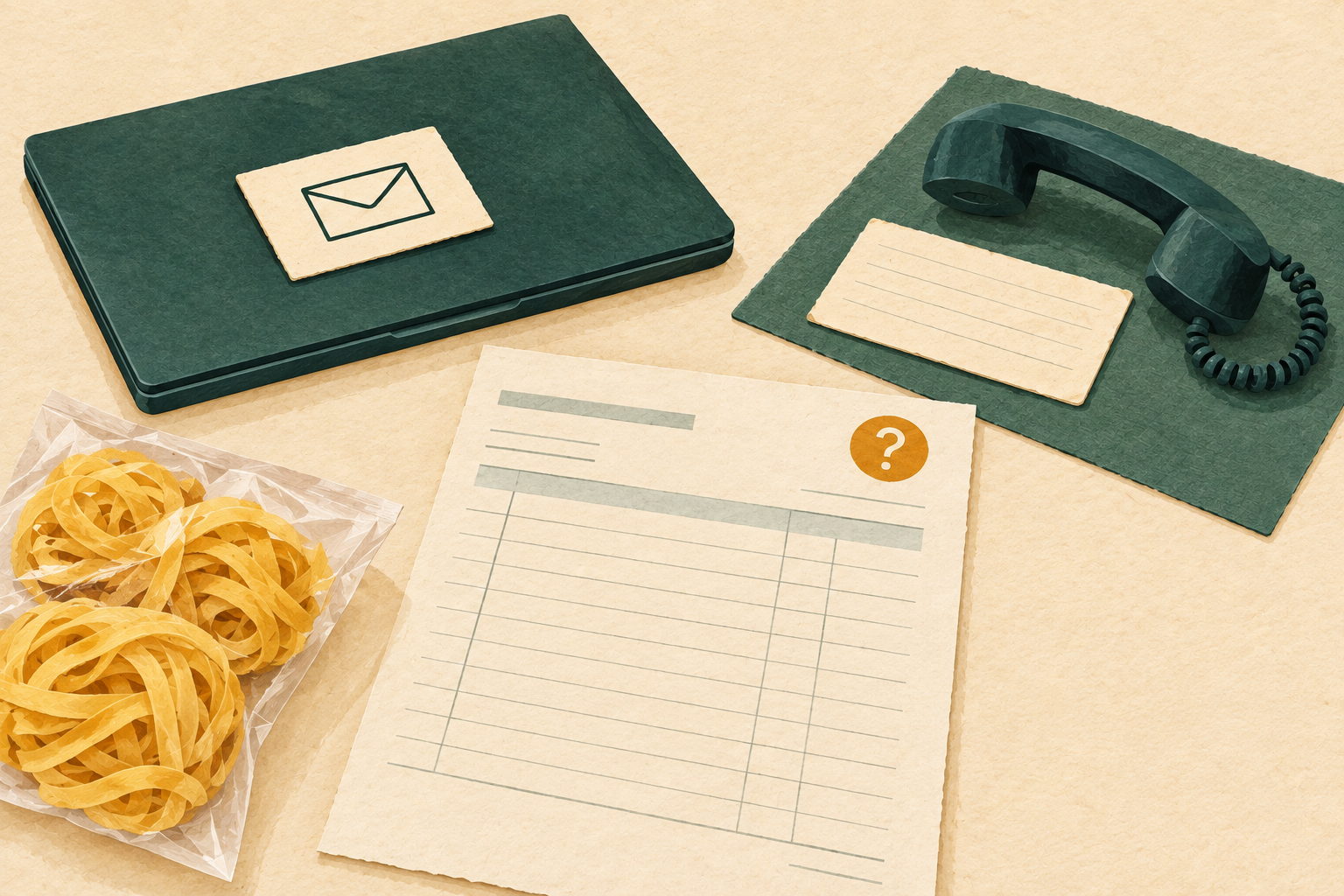 Illustrated blank invoice and noodle pouch beside separate email and telephone symbols.