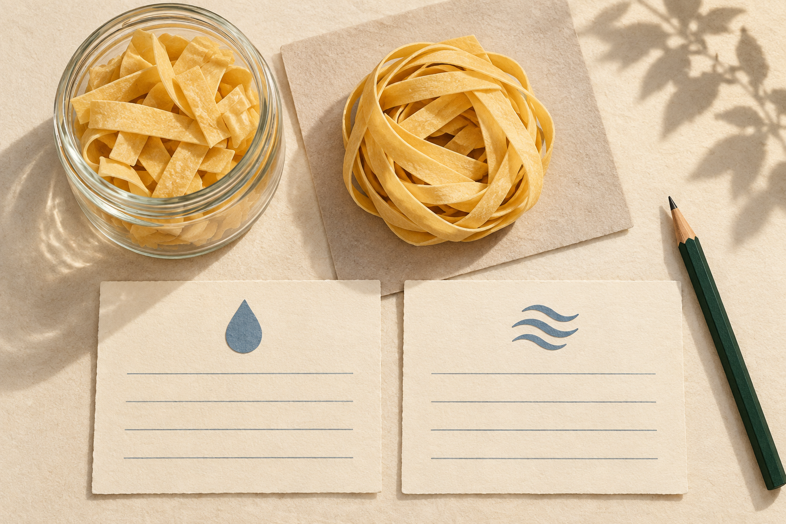 Illustrated golden noodle samples beside two separate blank cards with water and wave symbols.