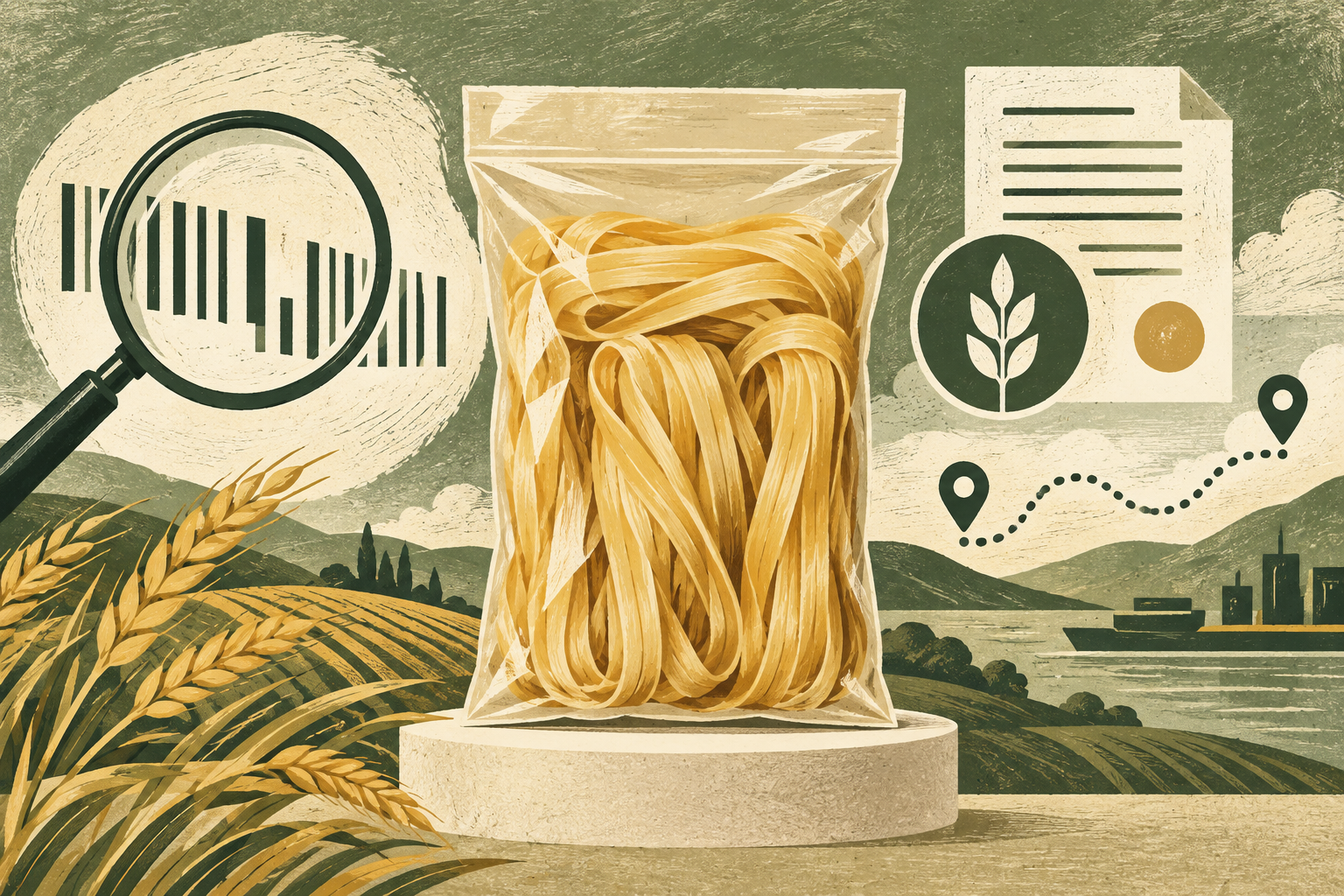 Conceptual noodle pouch with a barcode-like motif separate from origin documents and a transport route.
