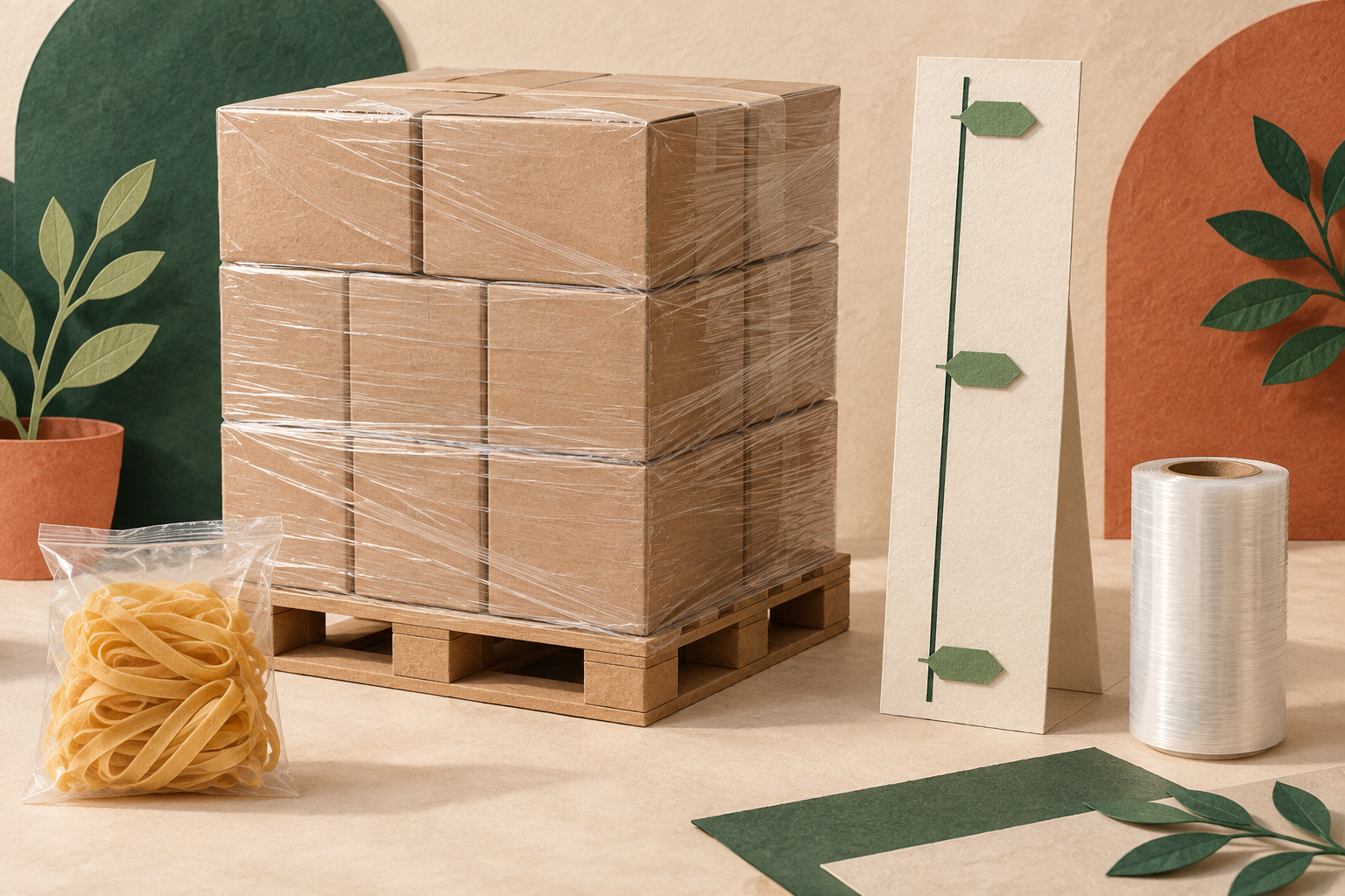 Editorial illustration of a wrapped carton load, film roll and three height markers beside a wheat-noodle sample.