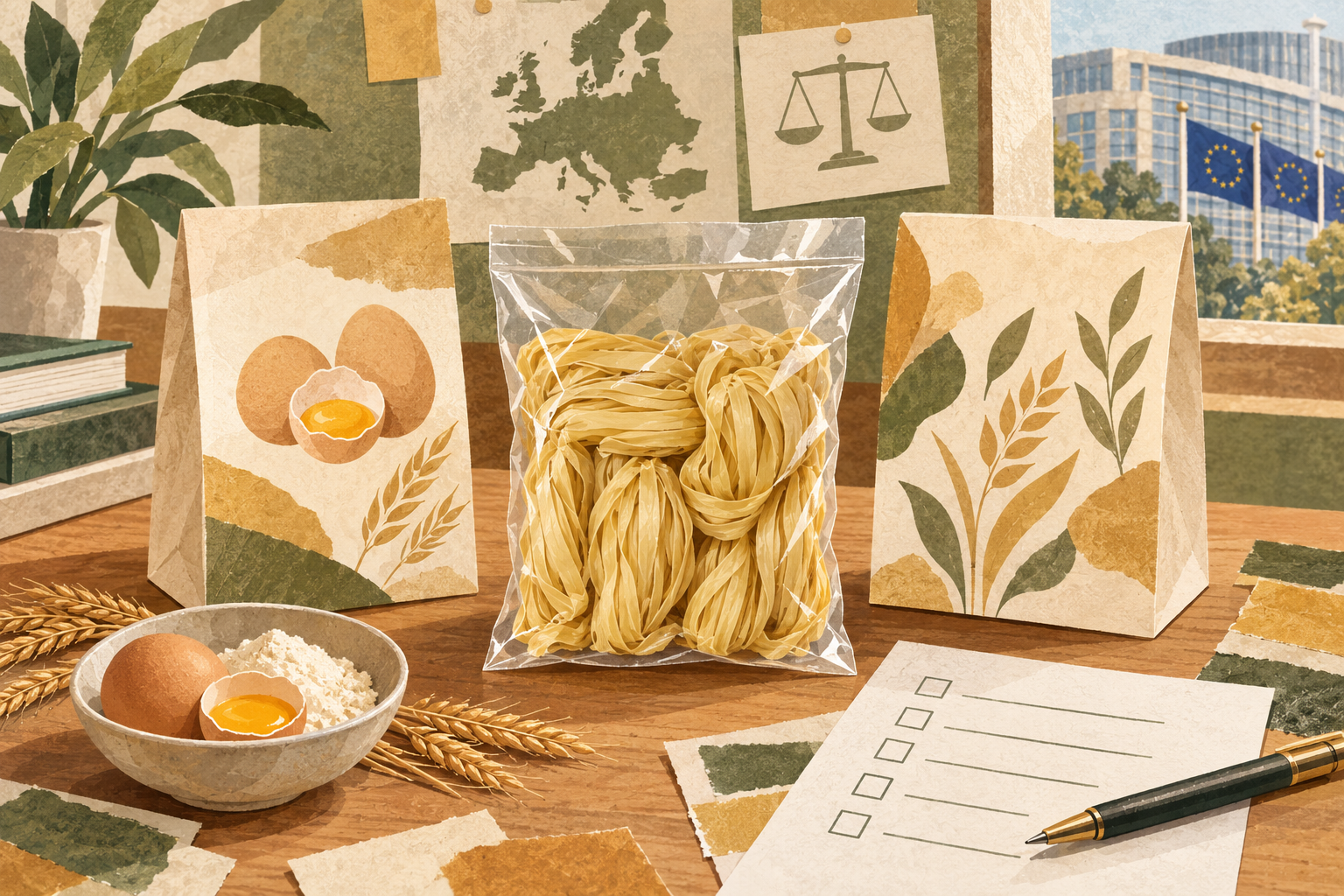 Illustrated noodle pouch between two proposed packaging designs and an ingredient-review checklist.