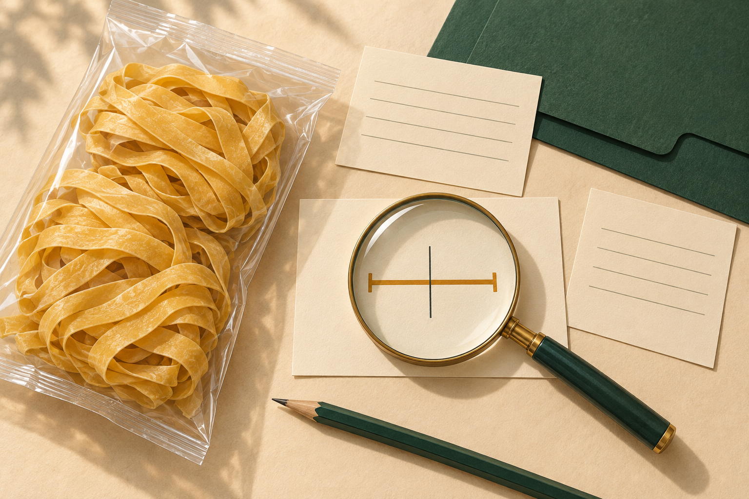 Illustrated wheat noodle pouch beside blank report cards and a symbolic measurement range under a magnifying glass.