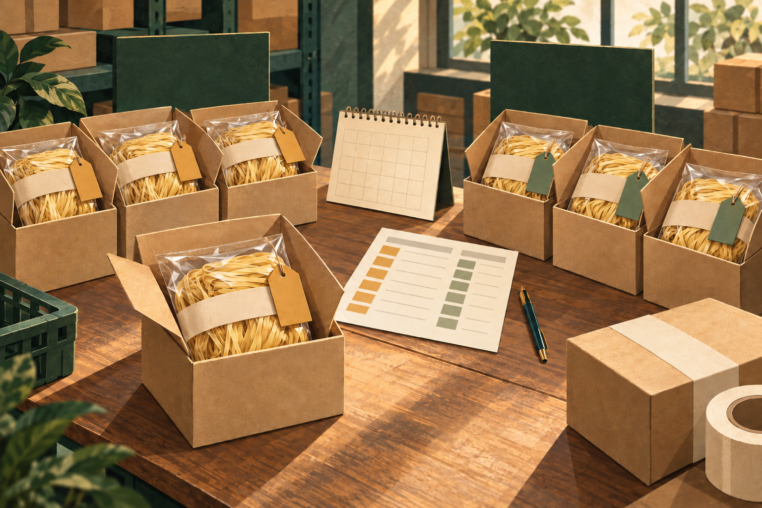 AI-generated editorial illustration of golden noodle packs grouped in plain cartons beside a calendar and allocation worksheet.