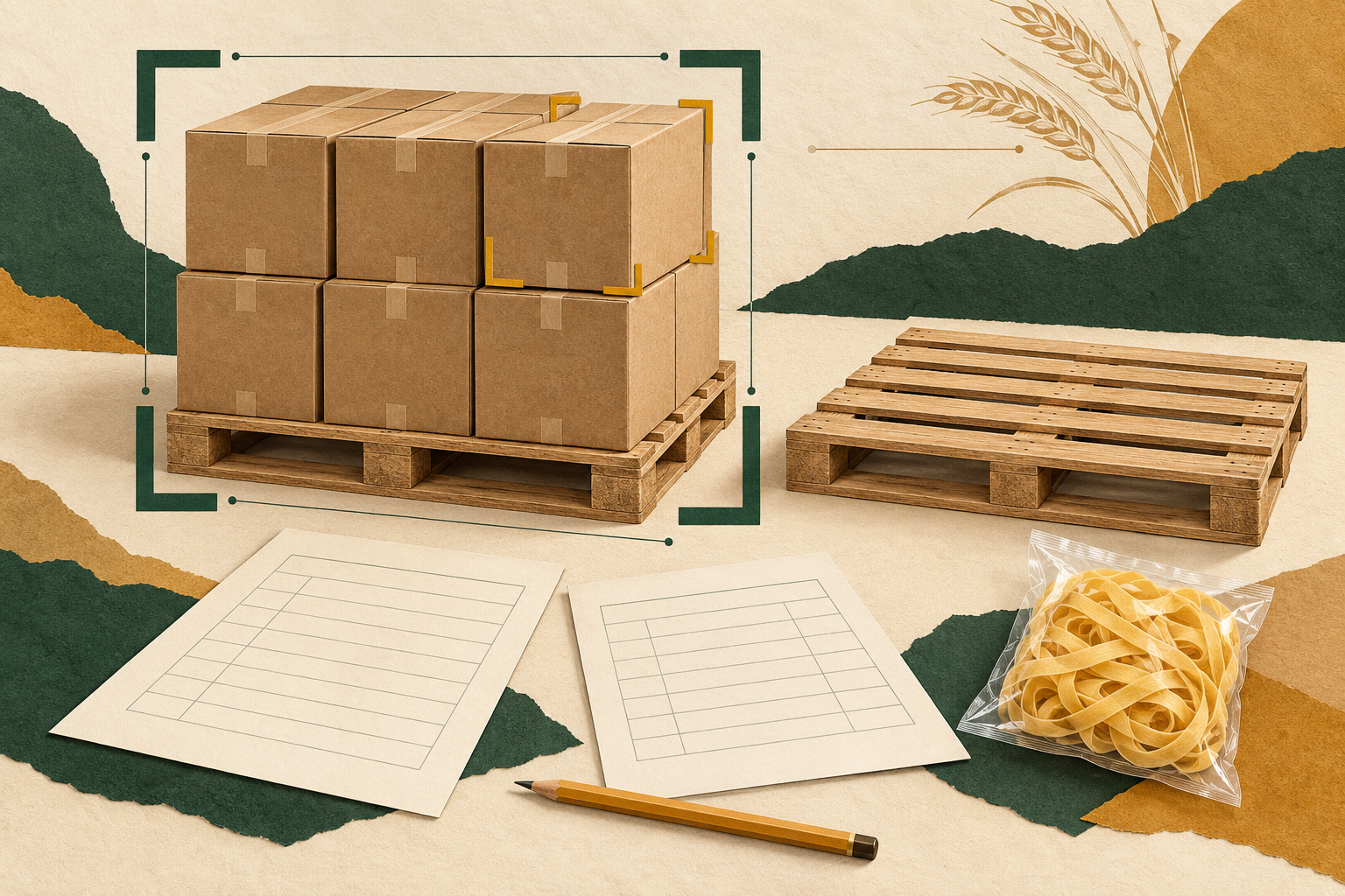 Concept illustration distinguishing one carton from a pallet load beside two blank shipping document sheets.