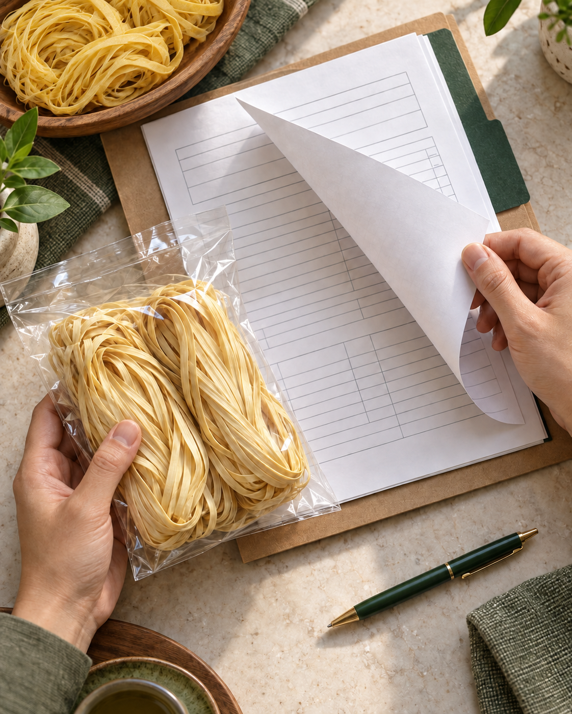 Illustration of checking order documents beside golden wheat noodle samples
