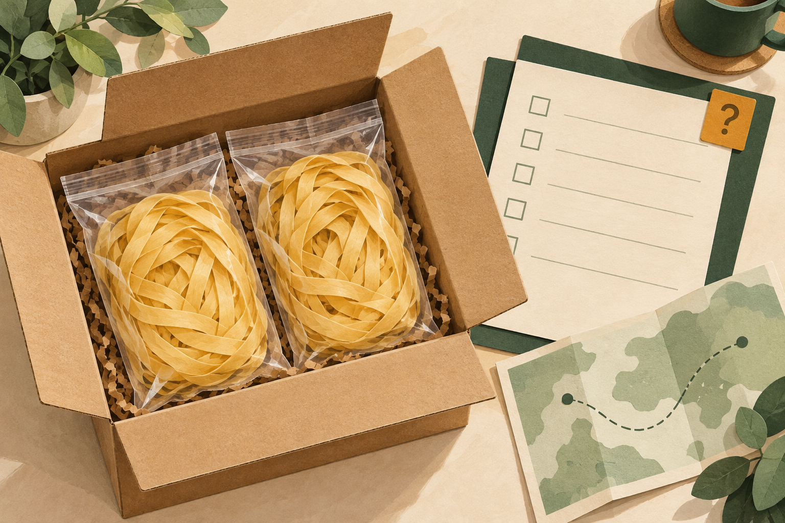 Illustrated parcel of golden wheat noodle samples beside a blank dispatch checklist and route map.