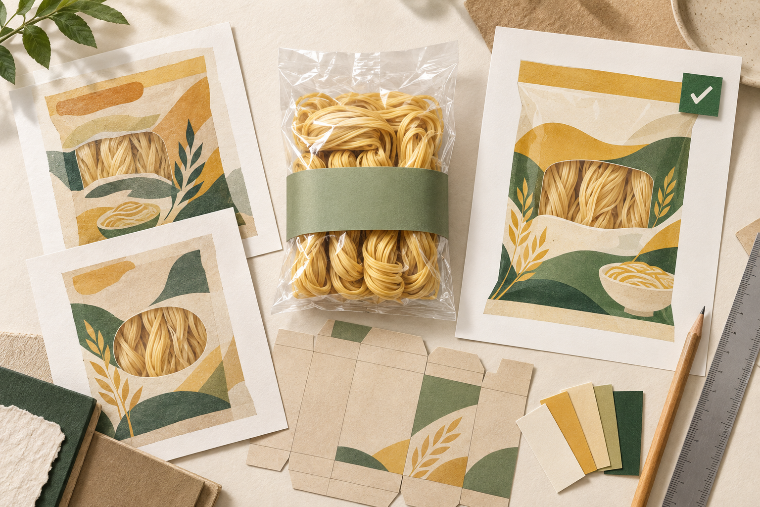 Editorial illustration of a wheat-noodle pack, packaging artwork proofs and a dieline with colour swatches.