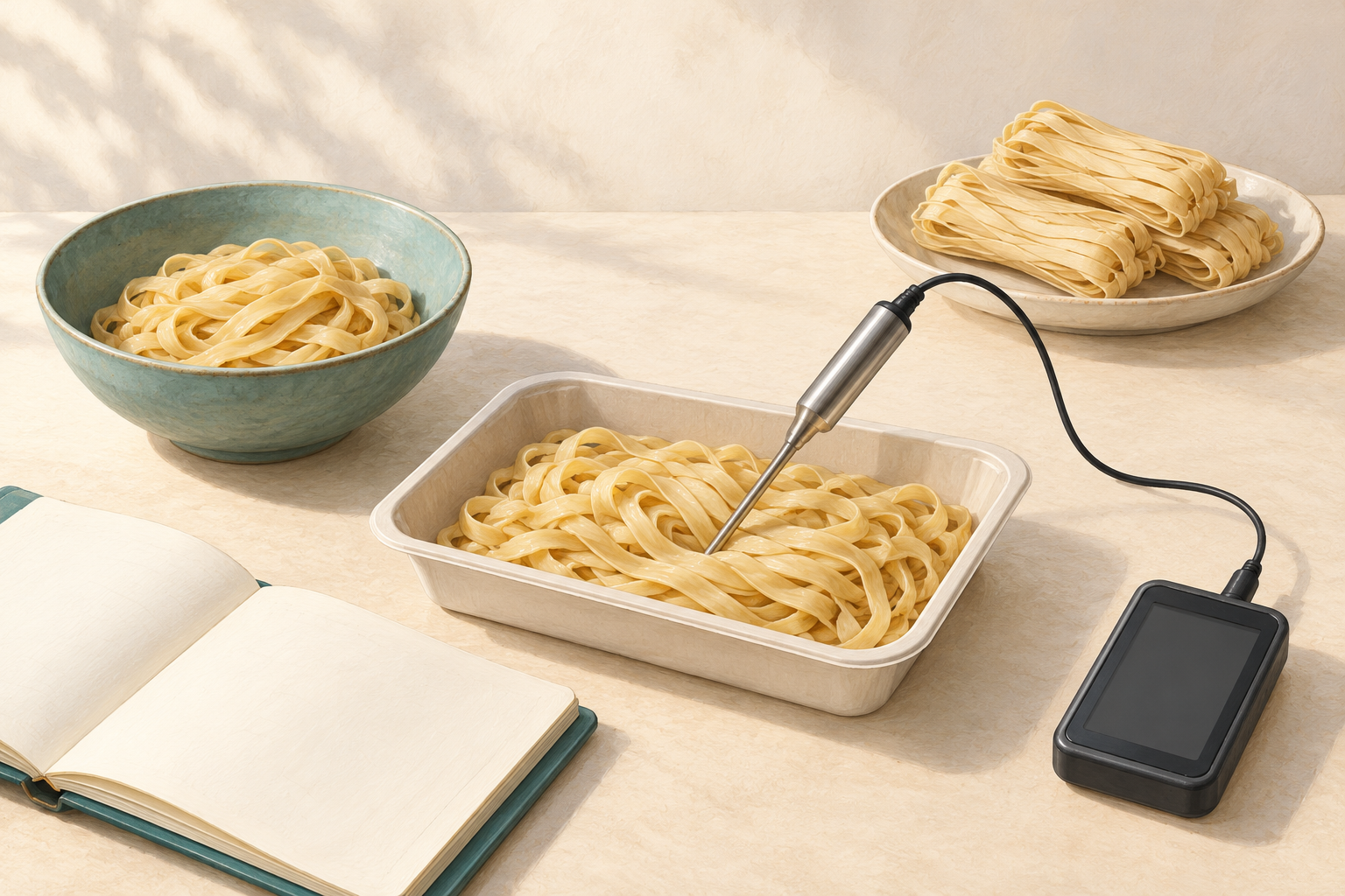 AI-generated conceptual illustration of golden wheat noodles in a plain meal tray with a temperature probe, a blank meter and dry folded noodle portions nearby