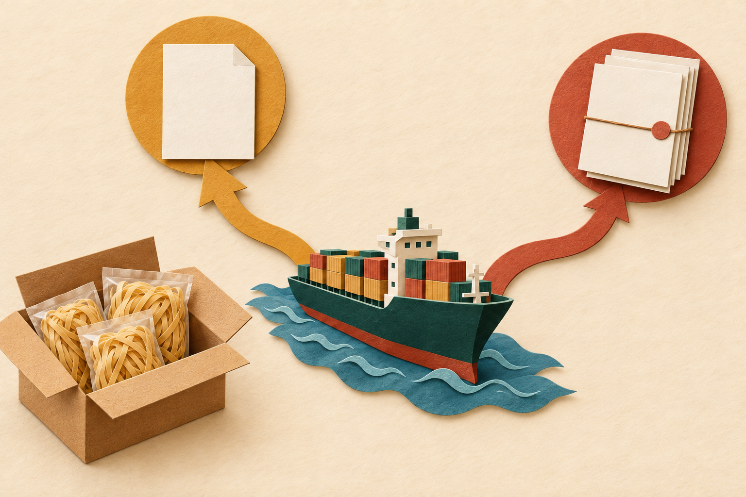 Editorial illustration of wheat-noodle cartons, a paper-model cargo ship and two generic document routes.