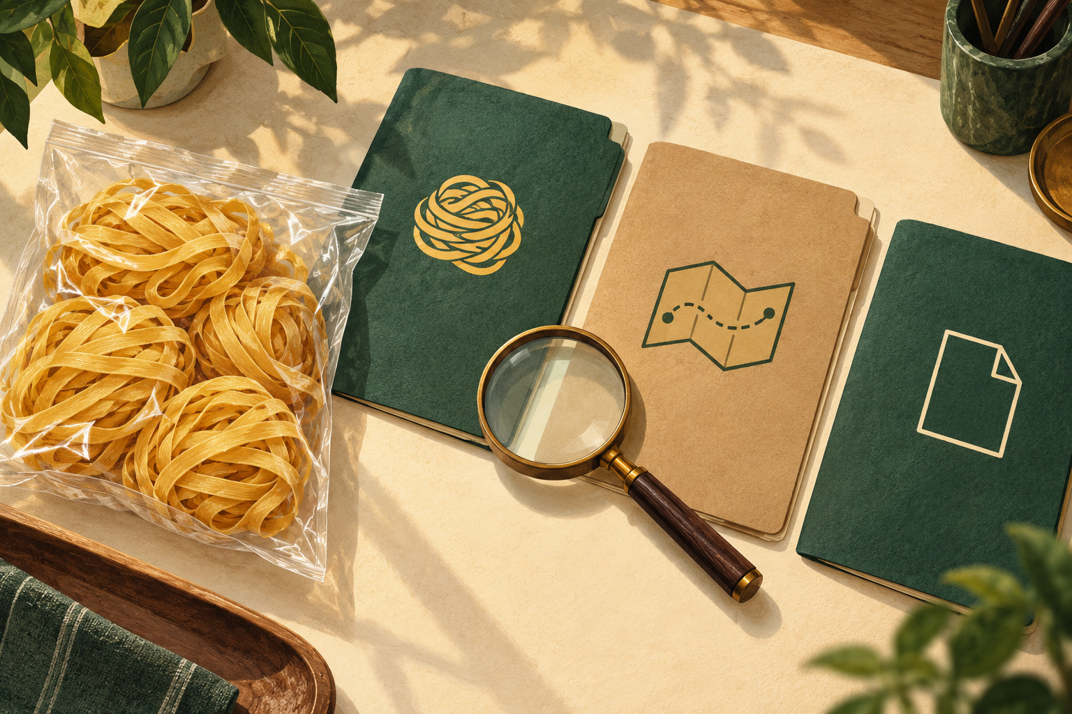 Illustrated wheat noodle pouch, three separate review folders and a magnifying glass.