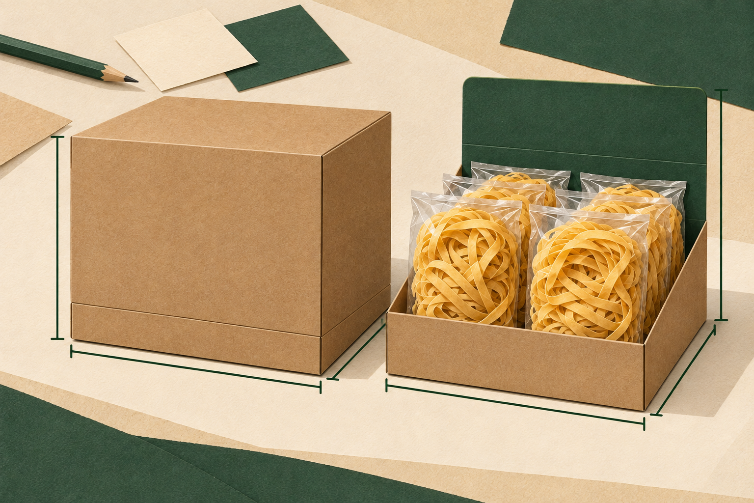 Concept illustration comparing a closed carton profile with an open noodle display and raised header.