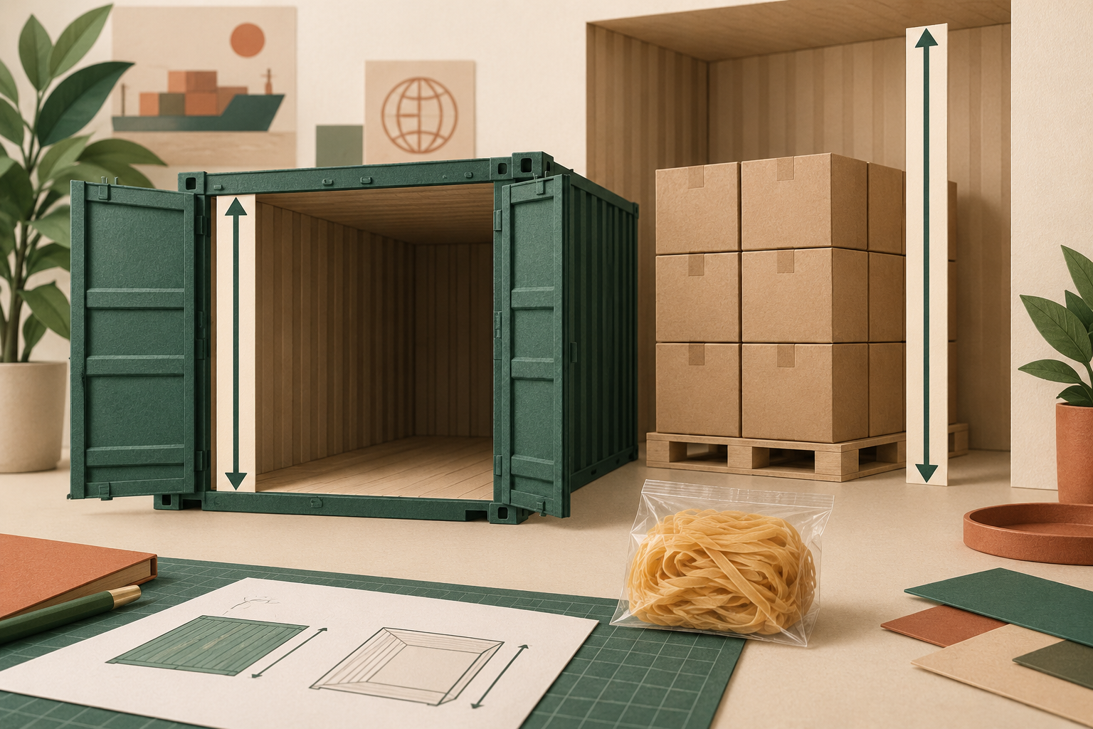 Editorial illustration of model container-door and interior clearances beside cartons and a wheat-noodle sample.