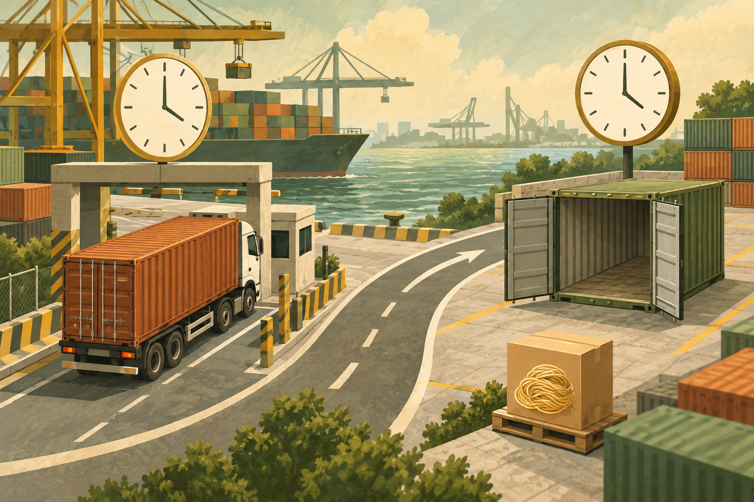 Conceptual port gate and empty-container return area with two clock symbols and a noodle carton.