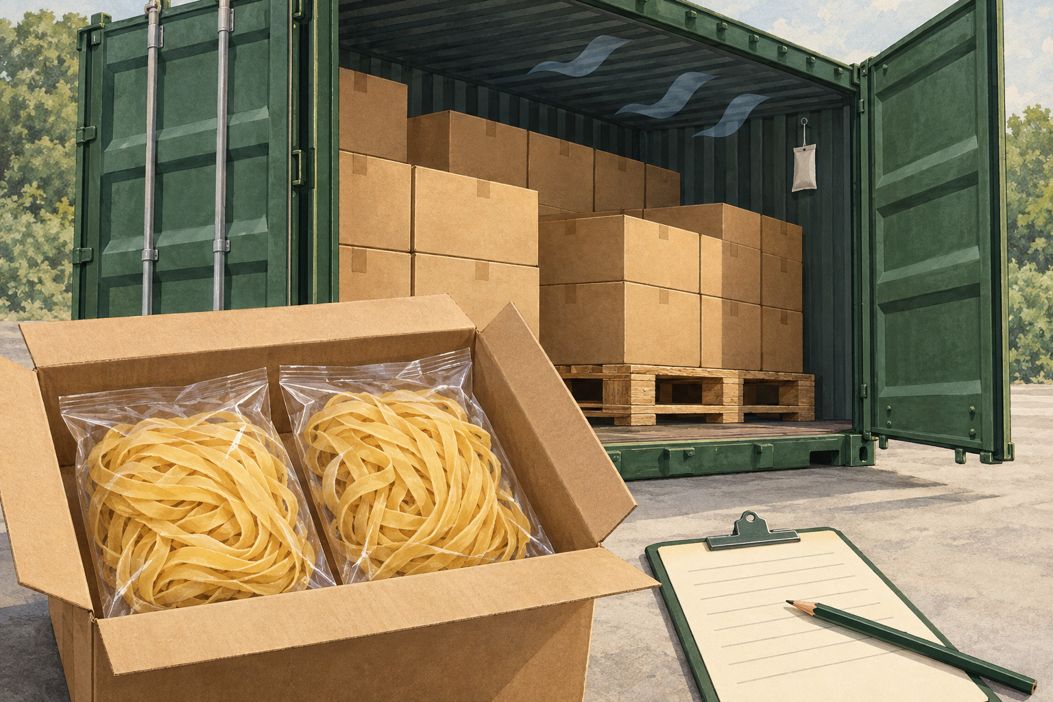 Editorial illustration of packed wheat noodles and cartons beside an open container with symbolic moisture waves.