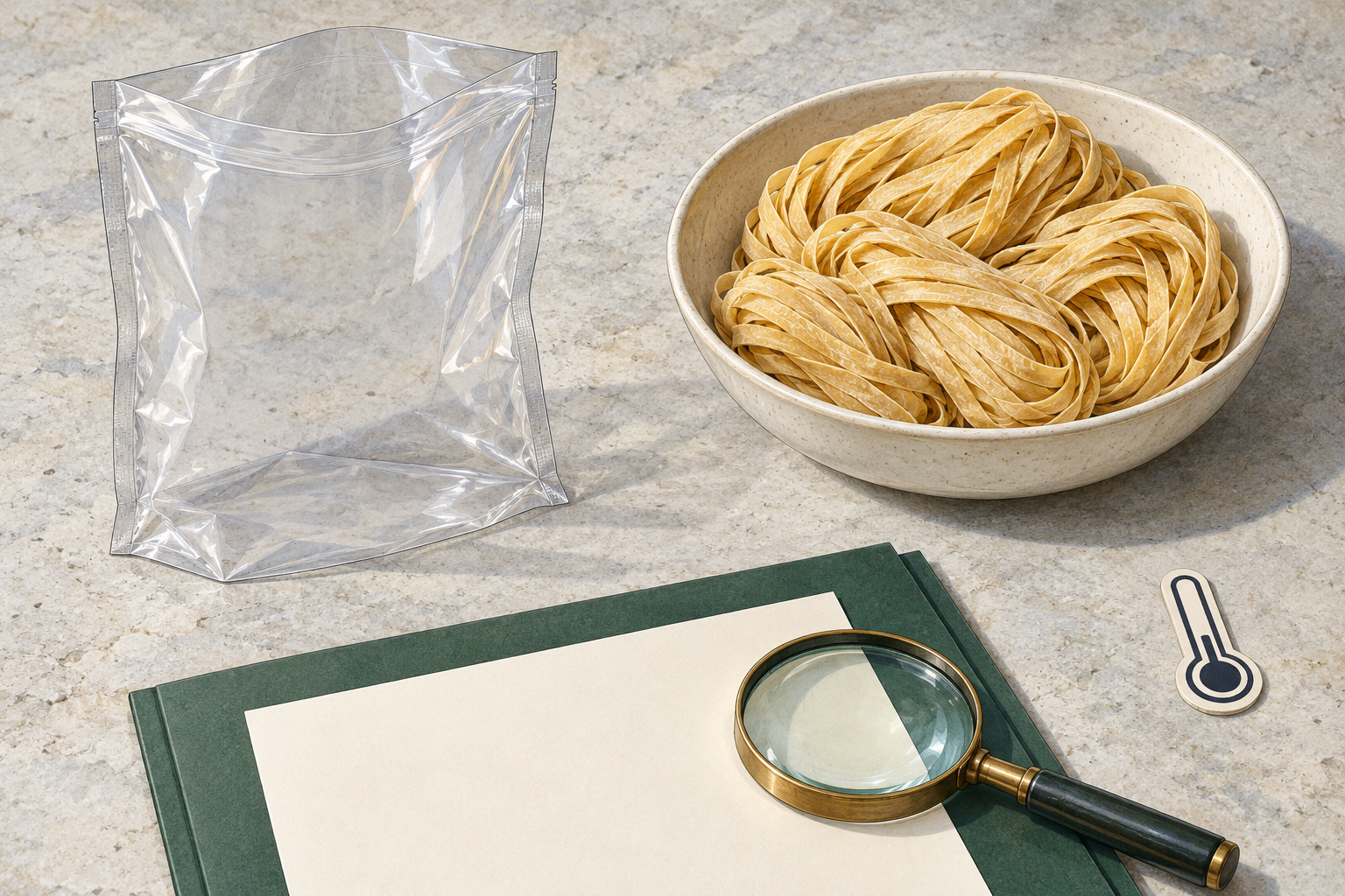 Illustration of an empty unbranded pouch and dry wheat noodles outside it beside a blank packaging-review folder.