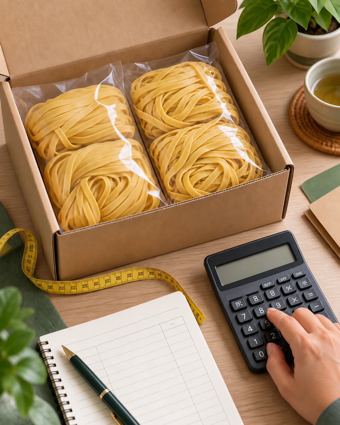 Illustration of golden wheat noodle samples in a carton during quotation preparation