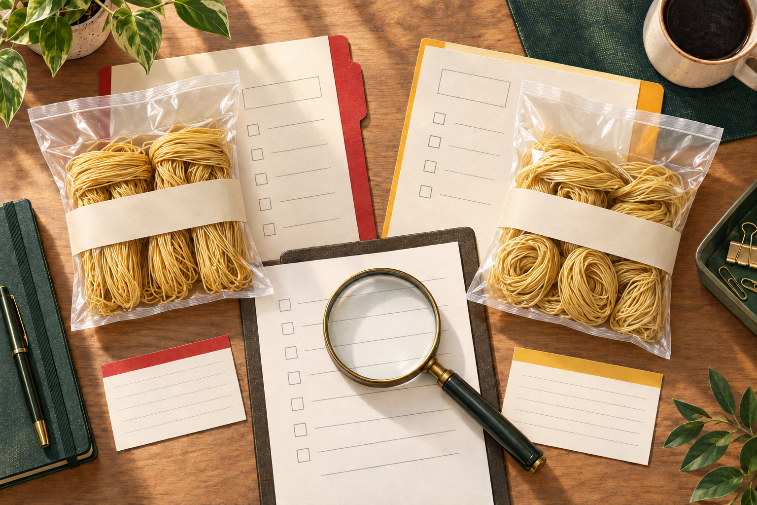 Editorial illustration of two golden wheat-noodle sample pouches with separate review files and a magnifying glass