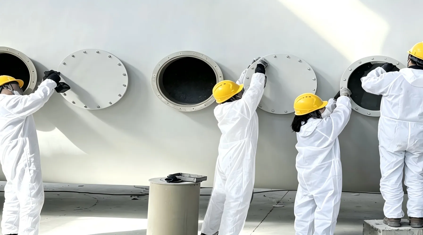 Workers from Nantong Yashi at the installation site for fiberglass products.
