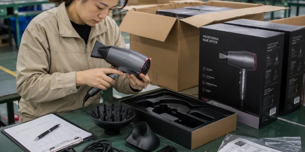 Young female third-party inspector checking a boxed hair dryer set, accessories, retail packaging, and product appearance in a China factory