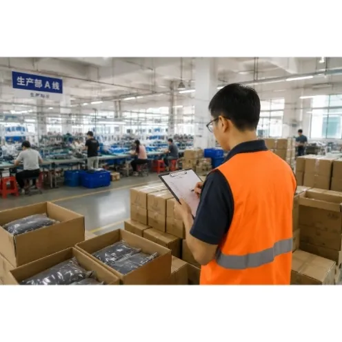 third-party QC inspector checking finished goods and production status inside a China factory
