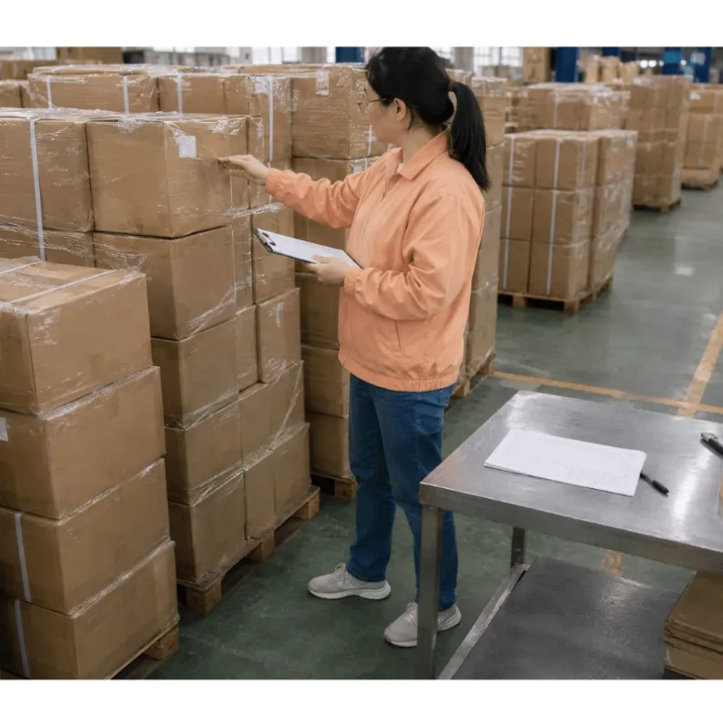 QC inspector selecting cartons from different warehouse stacks during pre-shipment inspection