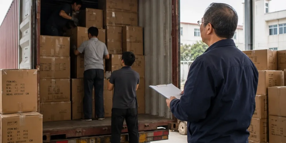 Experienced third-party inspector counting export cartons as workers load a shipping container at a China factory