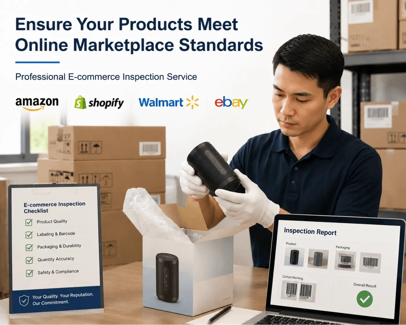 Quality inspector checking e-commerce products, packaging, labels and product details before shipment from a factory in China.