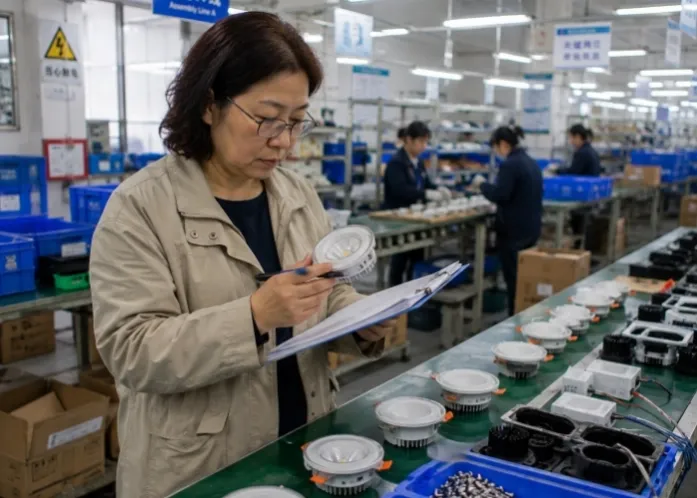 Middle-aged female third-party inspector checking first mass-production desk lamps beside an active production line in a China factory