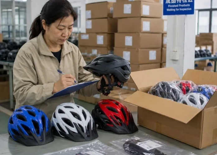 Middle-aged female third-party inspector selecting bicycle helmet samples from production cartons for independent laboratory testing in China