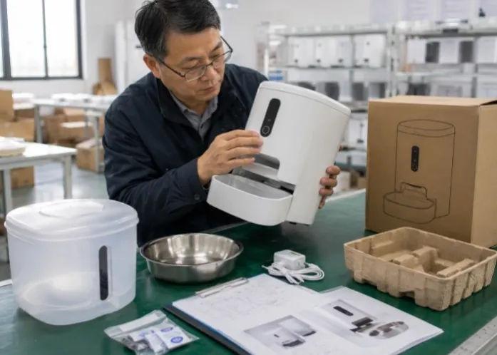Middle-aged third-party inspector reviewing an automatic pet feeder sample with components and packaging in a China factory sample room