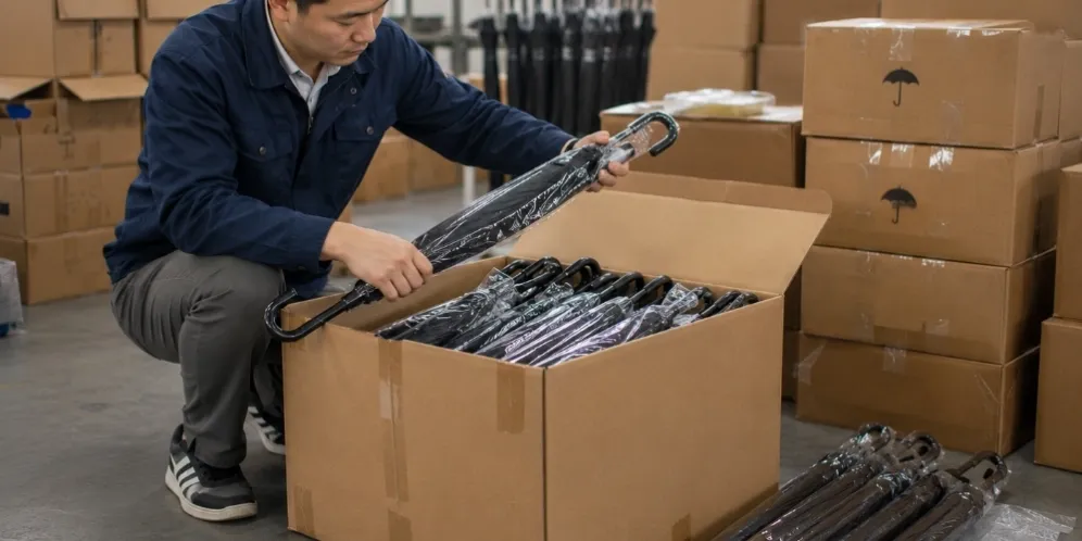 Young third-party inspector selecting umbrella samples from opened production cartons in a China factory warehouse
