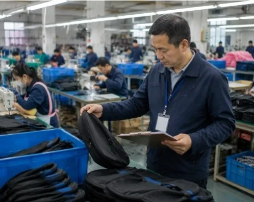 Third-party QC inspector checking partially finished products on a production line during manufacturing in a China factory