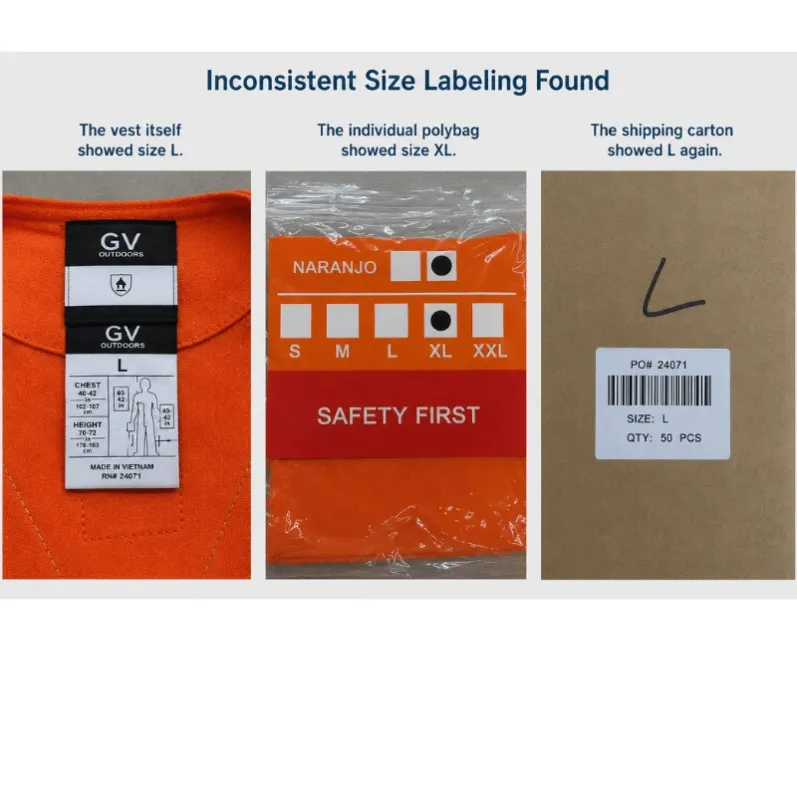 Reflective vest size label compared with polybag size marking and shipping carton label