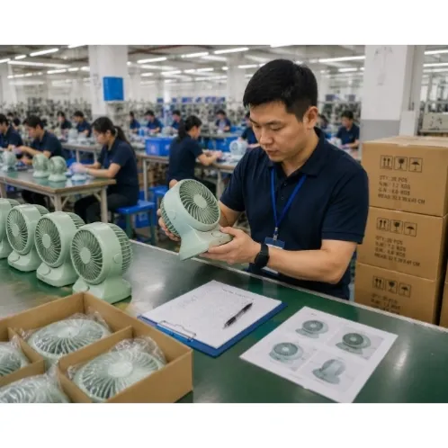 third-party QC inspector checking first production samples with factory staff in a China factory
